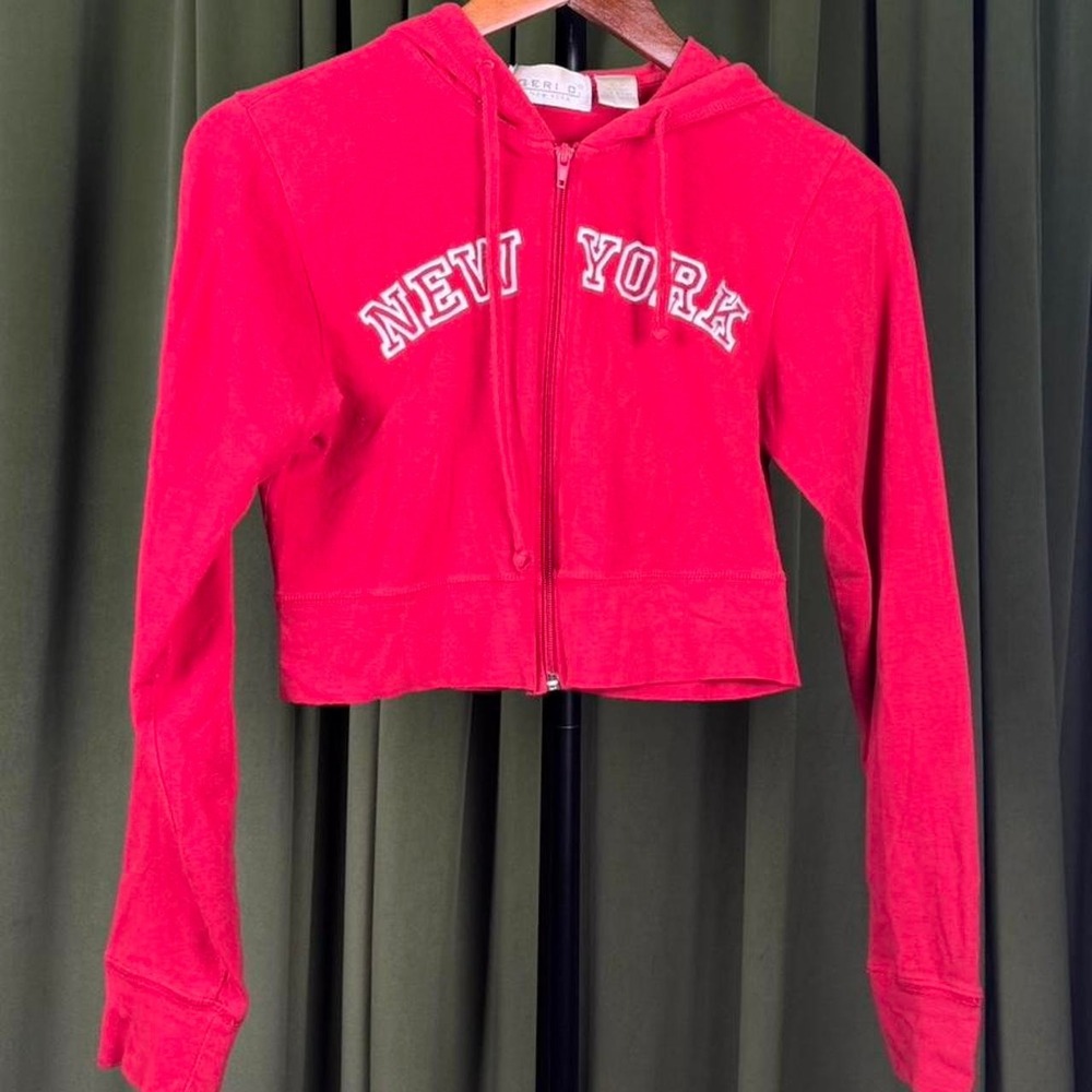 Geri C. New York Red Cropped Hoodie Zip Up Y2K Spell Out Women Large